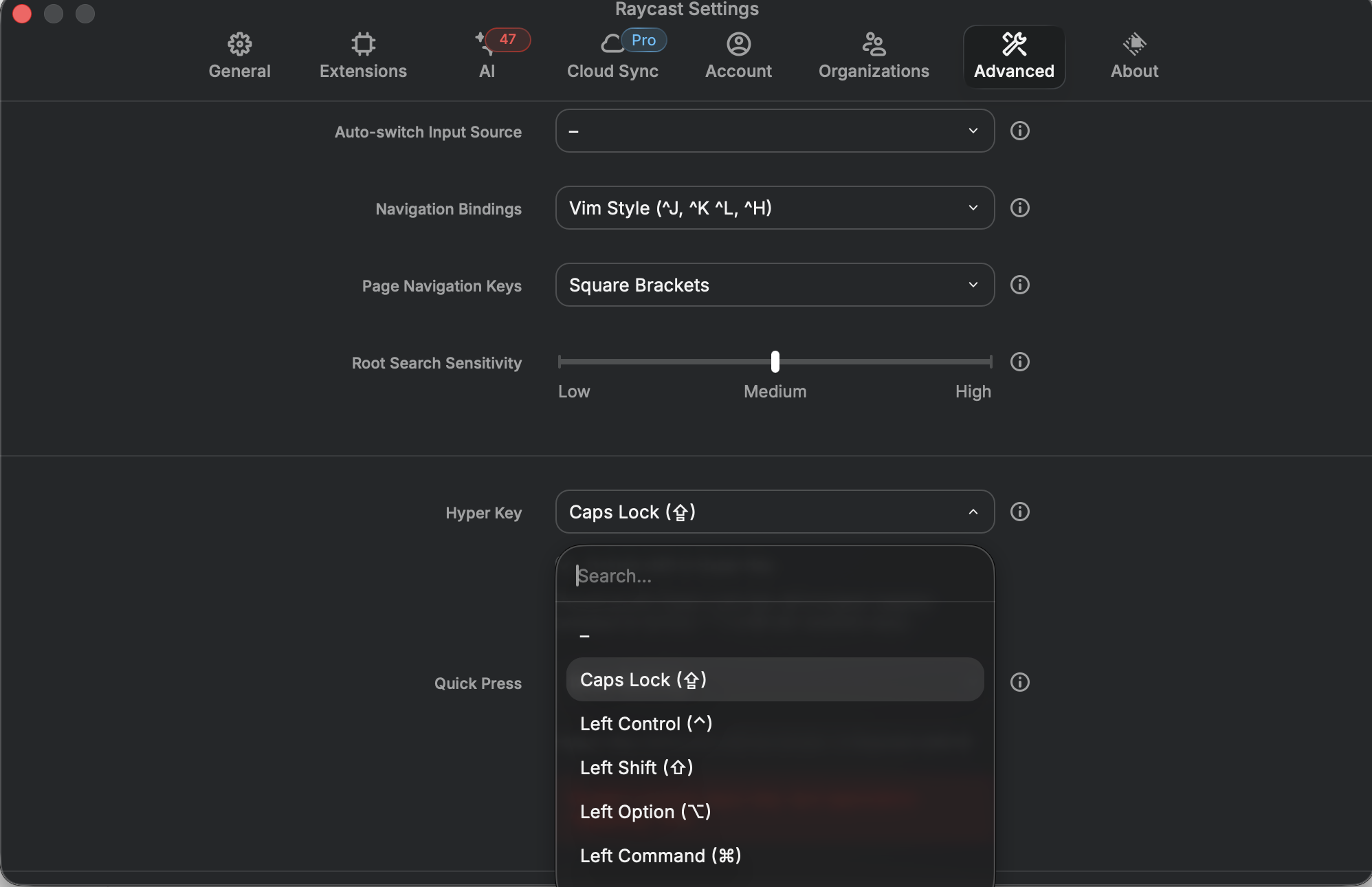 Raycast Hyper Key settings Raycast Hyper Key settings
